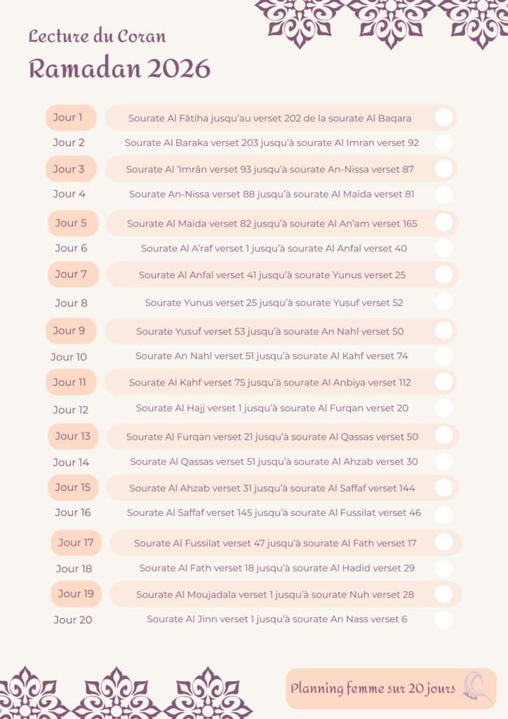 planning lecture du coran ramadan femme sur 20 jours 