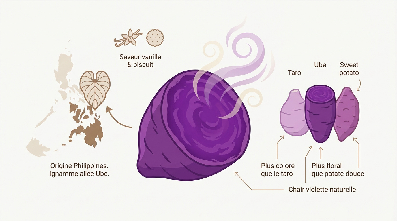 Infographie détaillant l'ube : origine philippine, saveur vanille/biscuit, chair violette, et comparaison avec taro et patate douce.